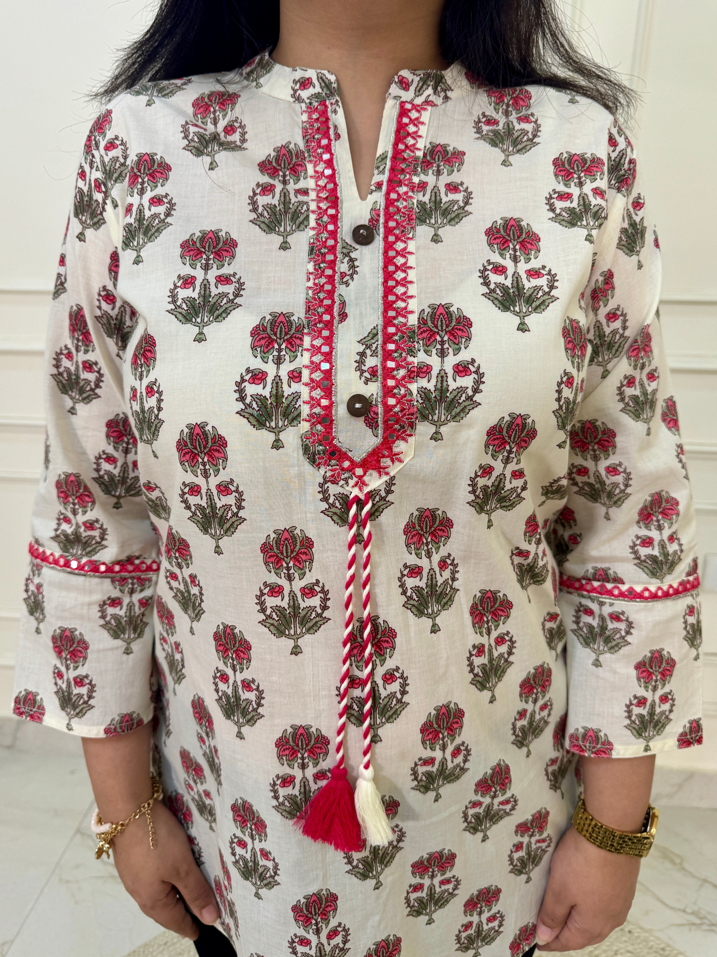 White Pink Floral Print Short Kurti for Jeans