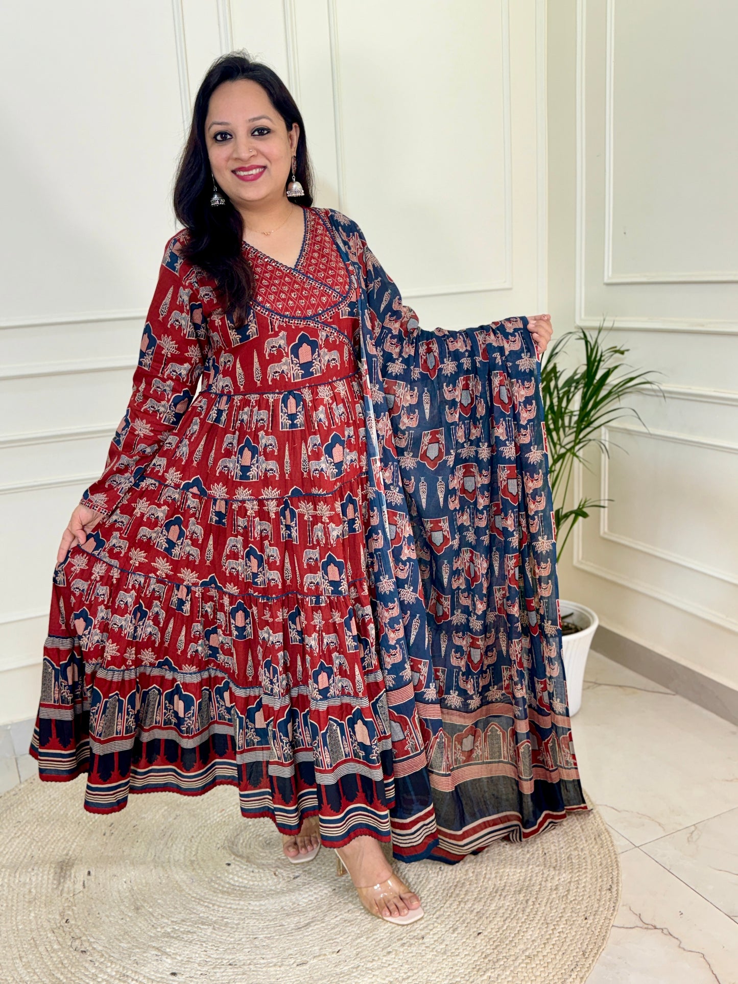 Kaara Ajrakh Layered Anarkali Suit set-Red Colour