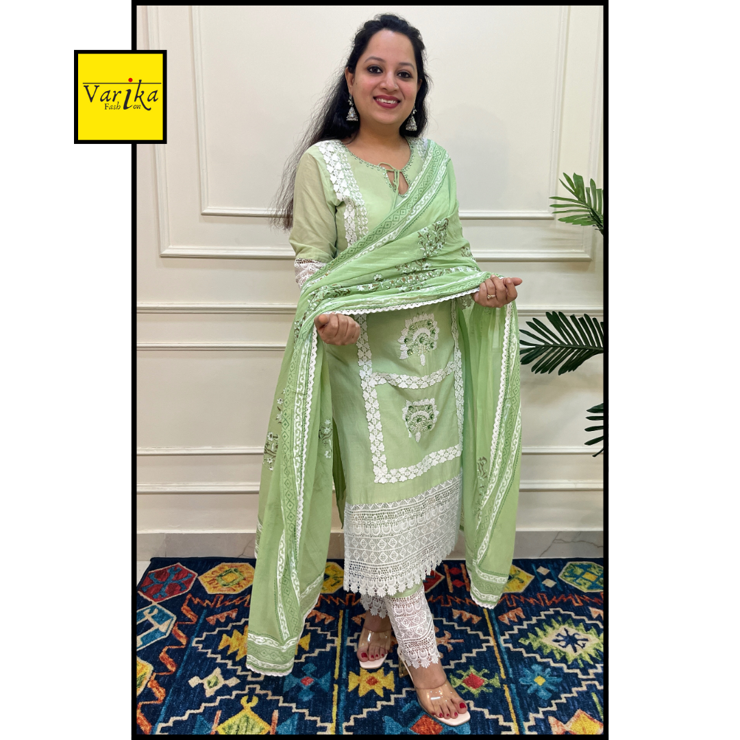 Mul Cotton Hand Embroidered 3 Piece Suit with Mul Dupatta Green Colour