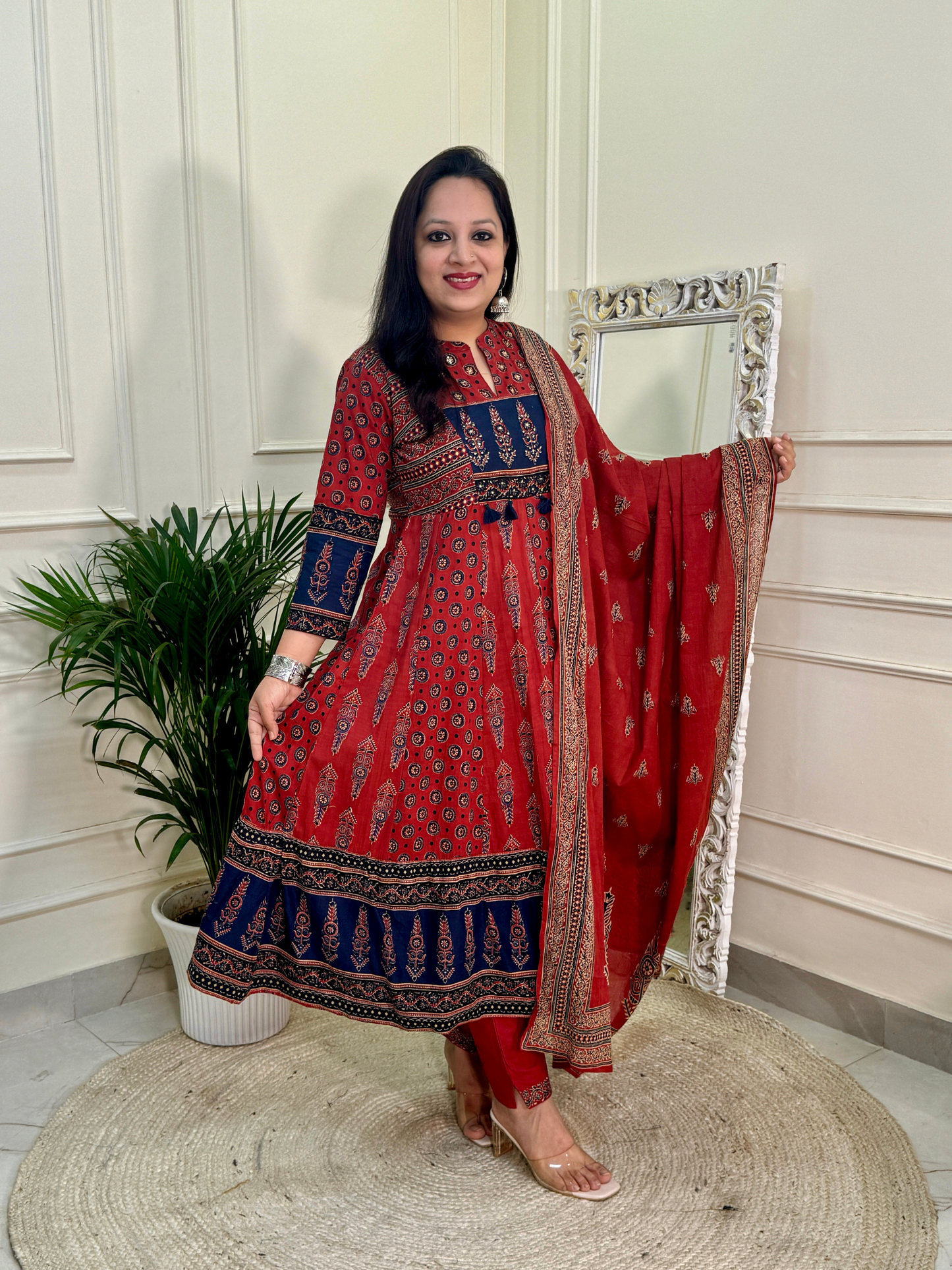 Ajrakh Anarkali Suit set-Red Colour