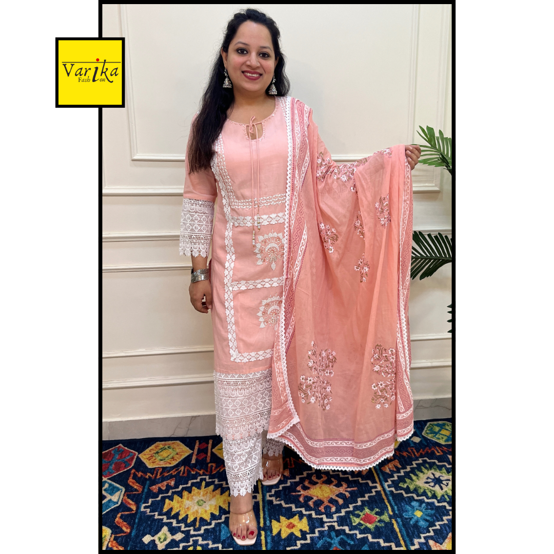 Mul Cotton Hand Embroidered 3 Piece Suit with Mul Dupatta Peach Colour