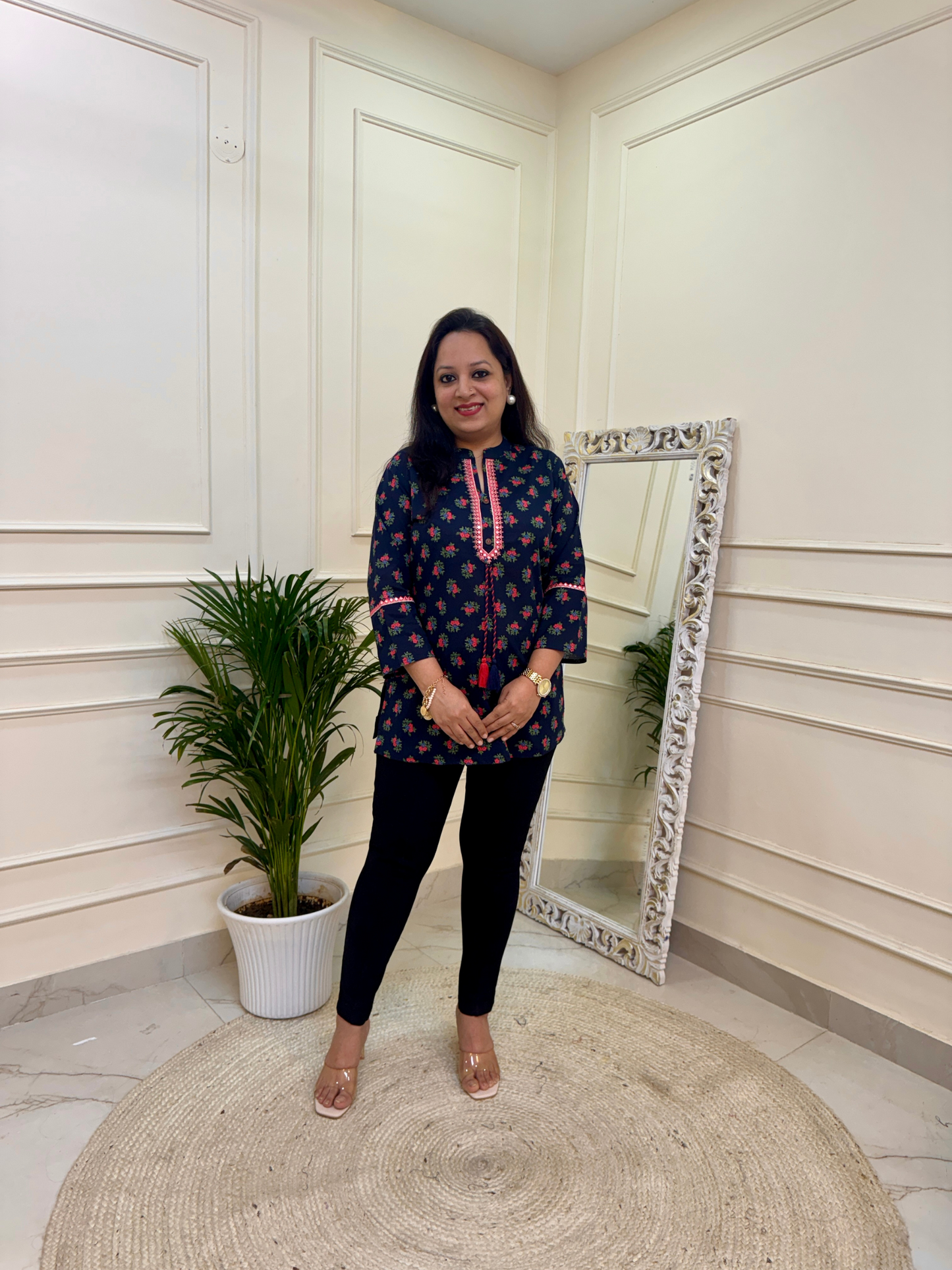 Navy Blue Floral Print Short Kurti for Jeans