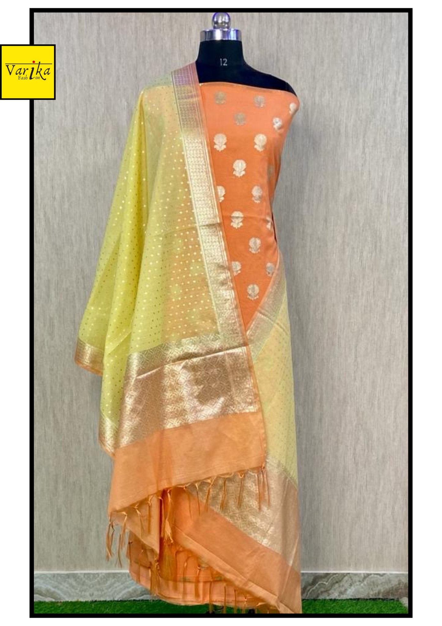 Pure Banarasi Chanderi Silk Unstitched Suit with Ombre Dupatta