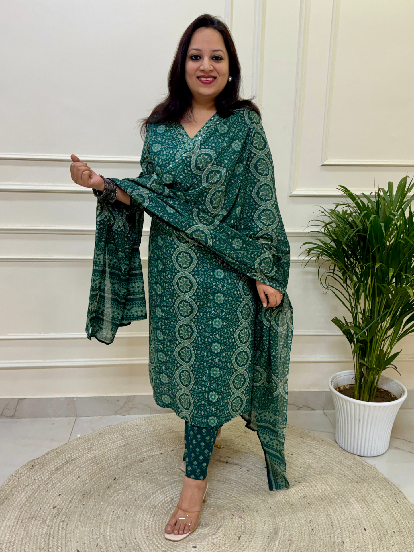 Ajrakh Print Suit Set-Green Colour