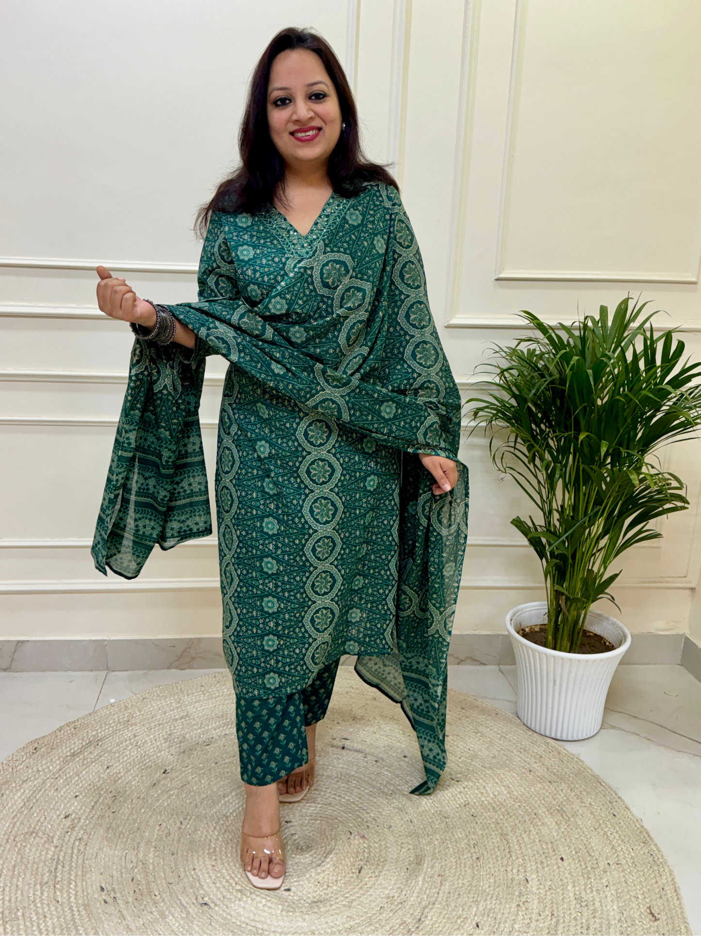 Ajrakh Print Suit Set-Green Colour