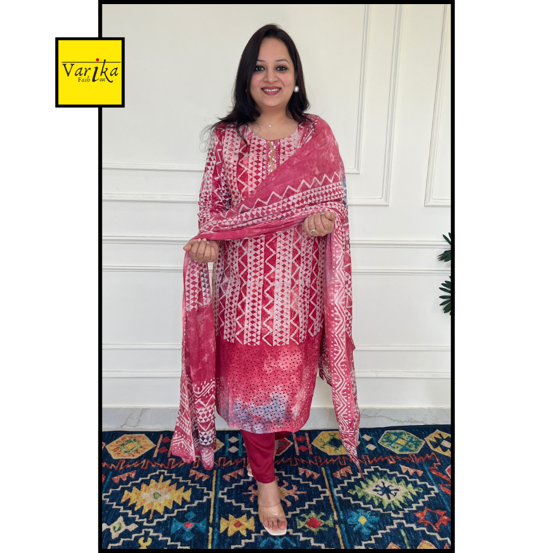 Pure Dobby Cotton with Baatik Print 3 pc Suit- Red colour