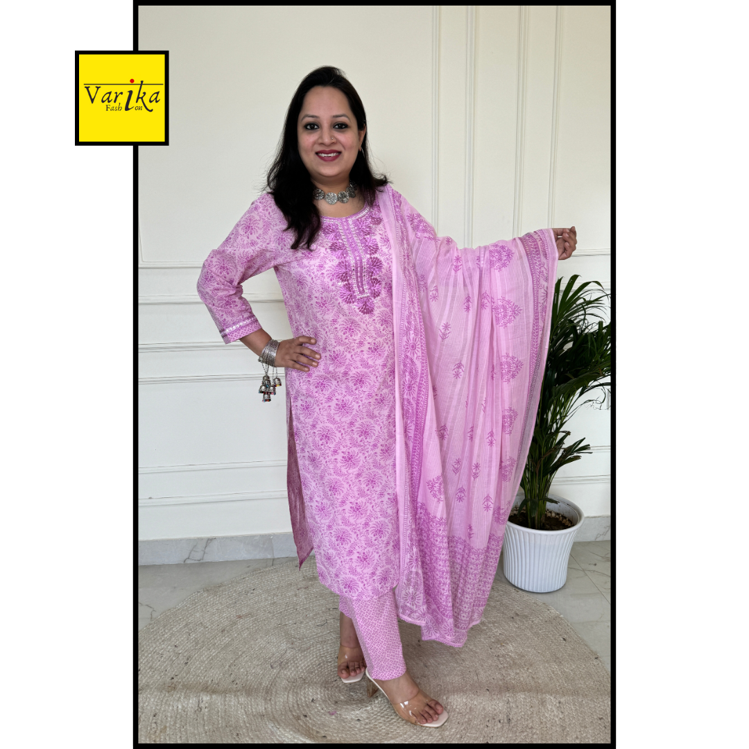 Subtle Self Thread Embroidered Block Print Suit Set-Pink Colour