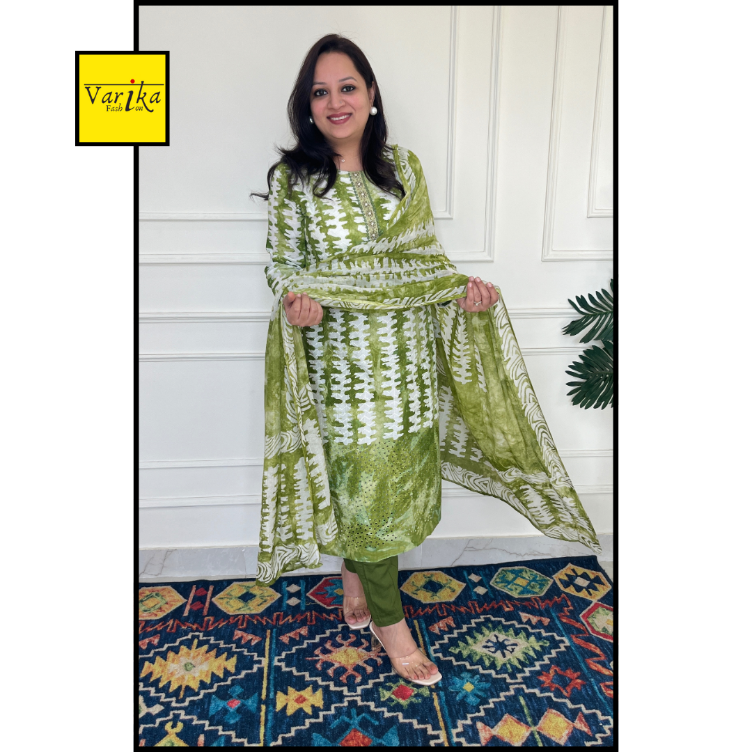 Pure Dobby Cotton with Baatik Print 3 pc Suit- Green colour