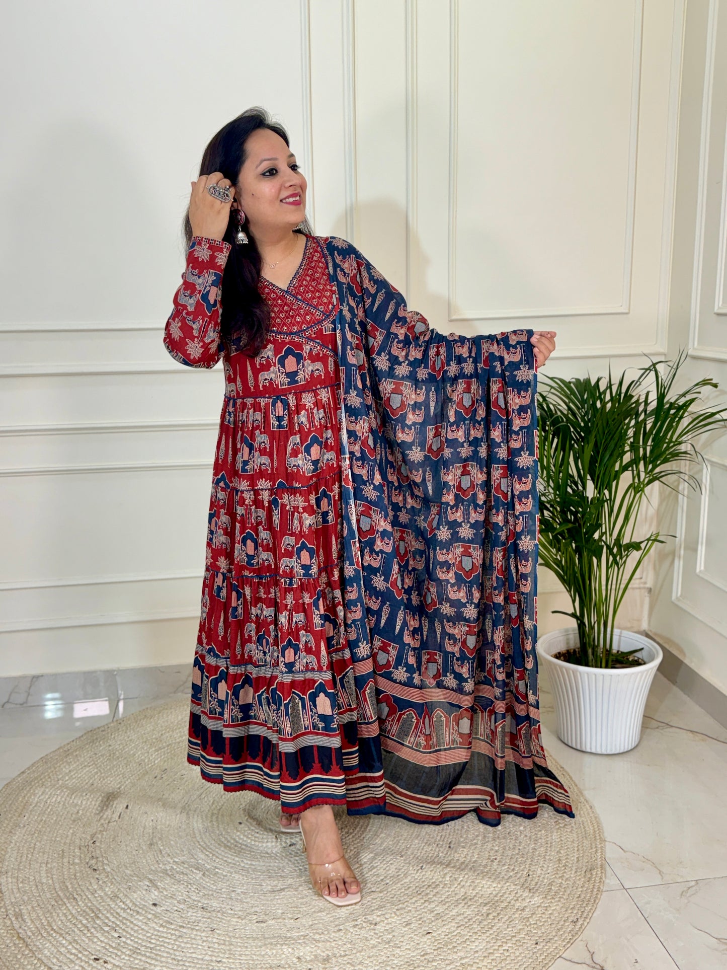 Kaara Ajrakh Layered Anarkali Suit set-Red Colour