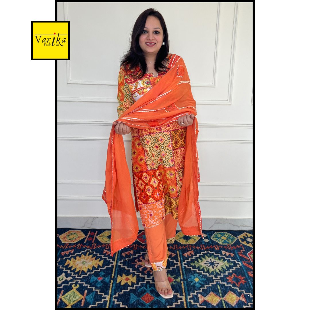 Samaya Patch printed Kurta set - Orange Colour