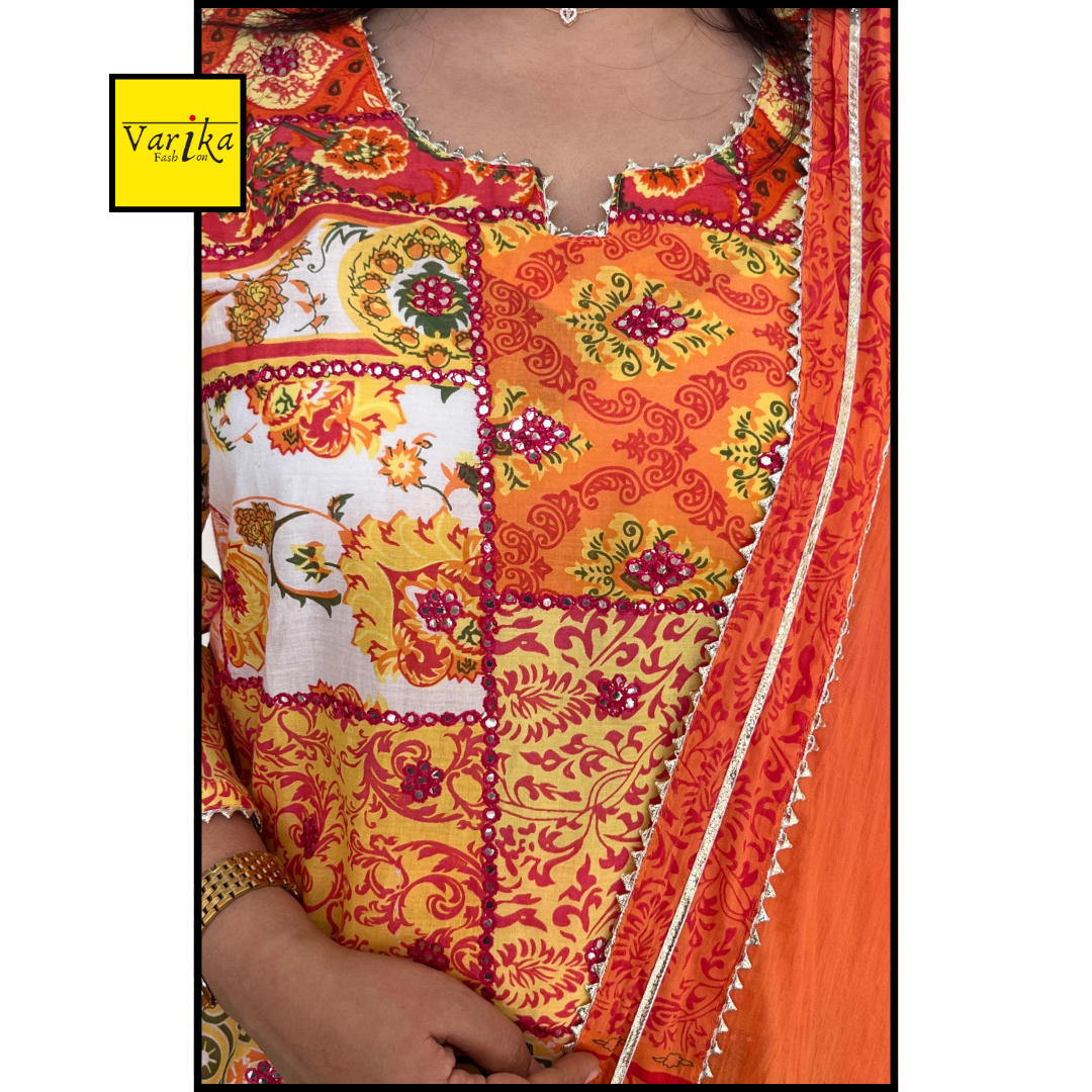Samaya Patch printed Kurta set - Orange Colour