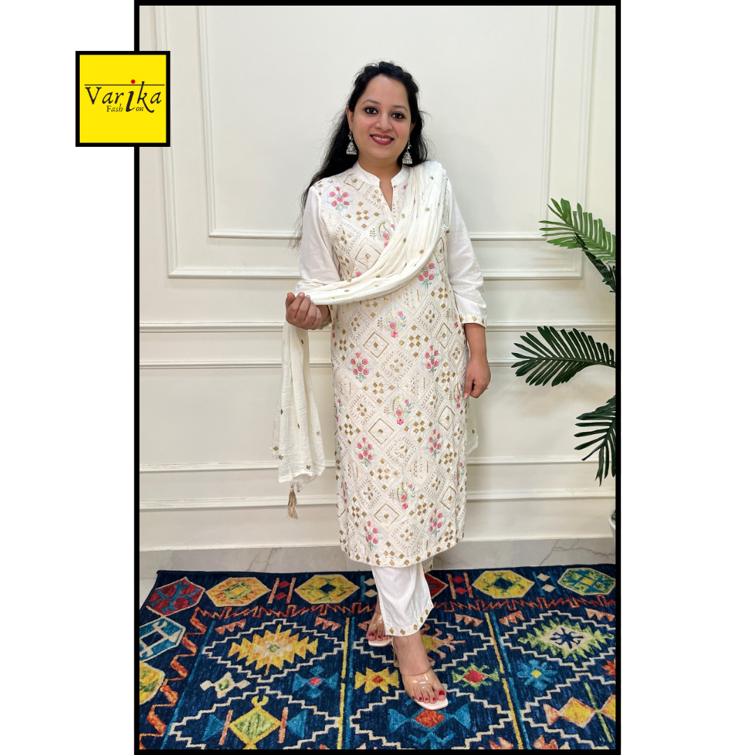 Cotton Flex Fully Embroidered 3 Piece Suit with Mul Dupatta White Colour