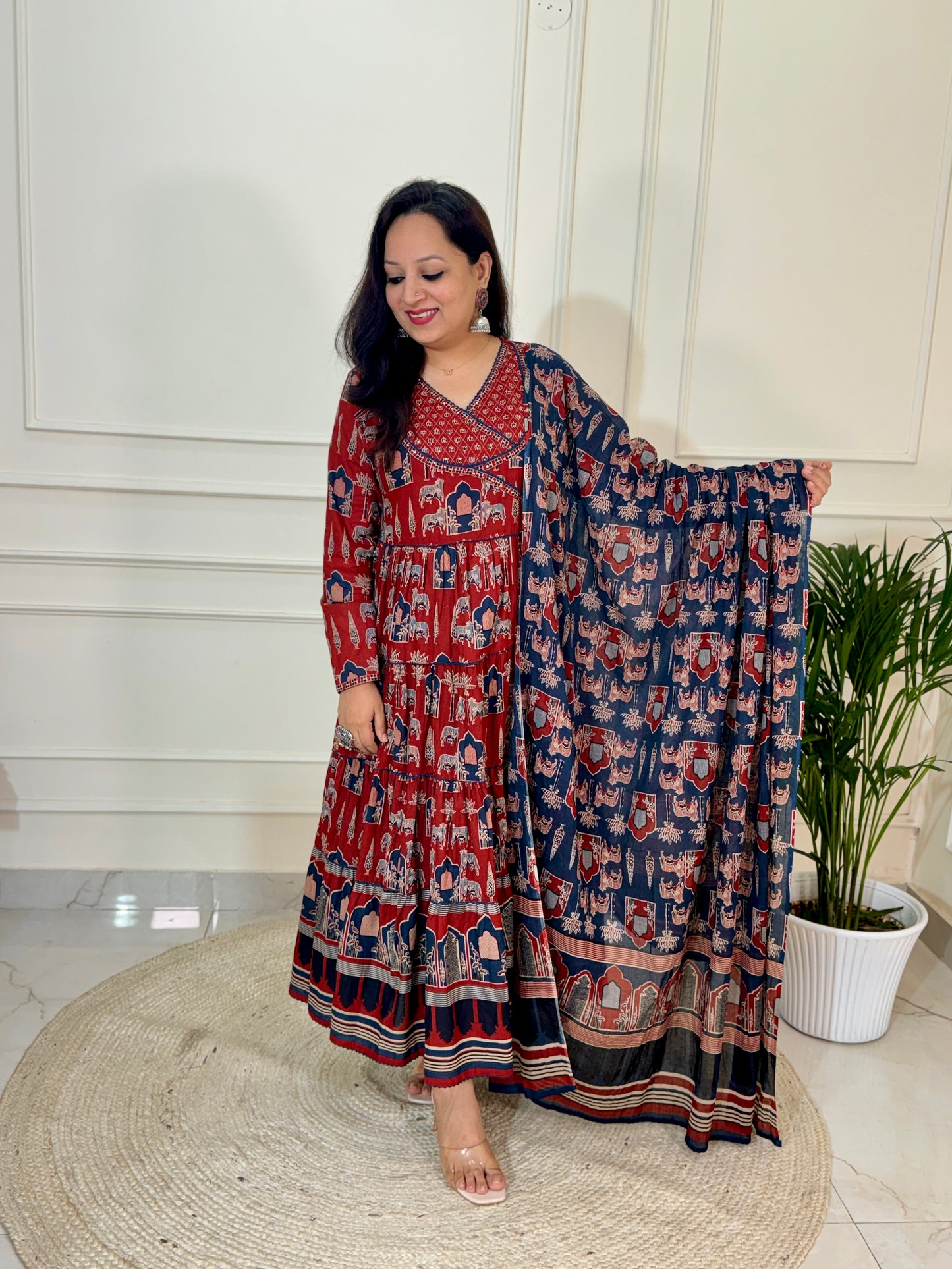 Kaara Ajrakh Layered Anarkali Suit set-Red Colour
