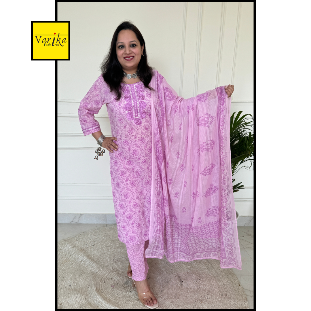 Subtle Self Thread Embroidered Block Print Suit Set-Pink Colour