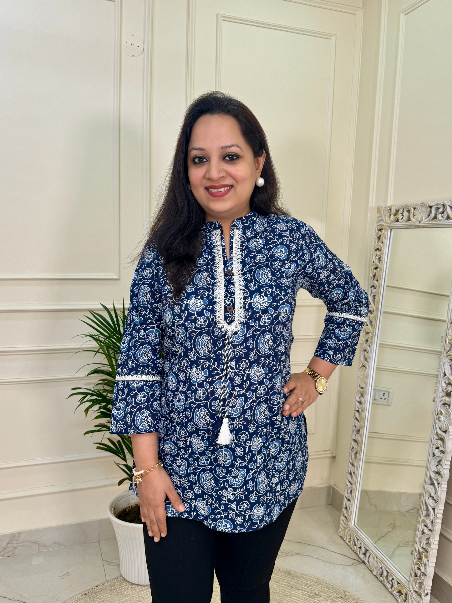 Indigo Print Short Kurti for Jeans
