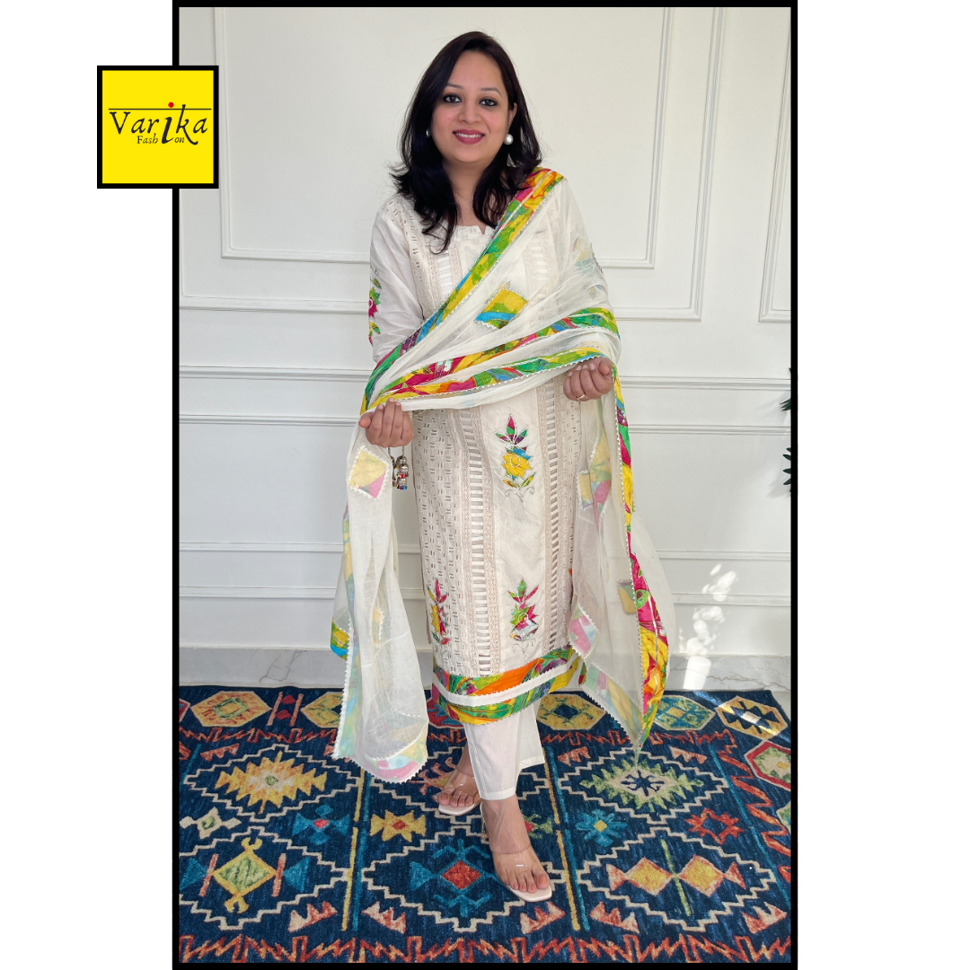 Samaya Pure Cotton Hakoba Patch Work Suit Set - Off White and Multicolor