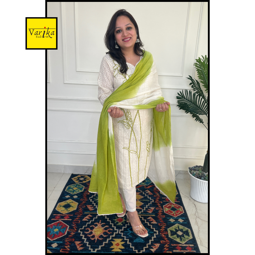 Samaya Pure Cotton Hakoba Applique Work Suit Set - Green Colour