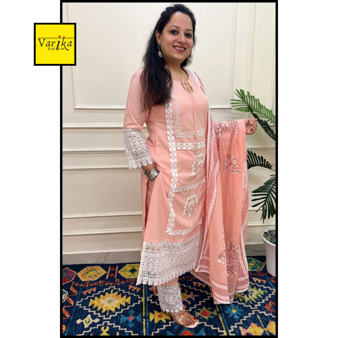 Mul Cotton Hand Embroidered 3 Piece Suit with Mul Dupatta Peach Colour