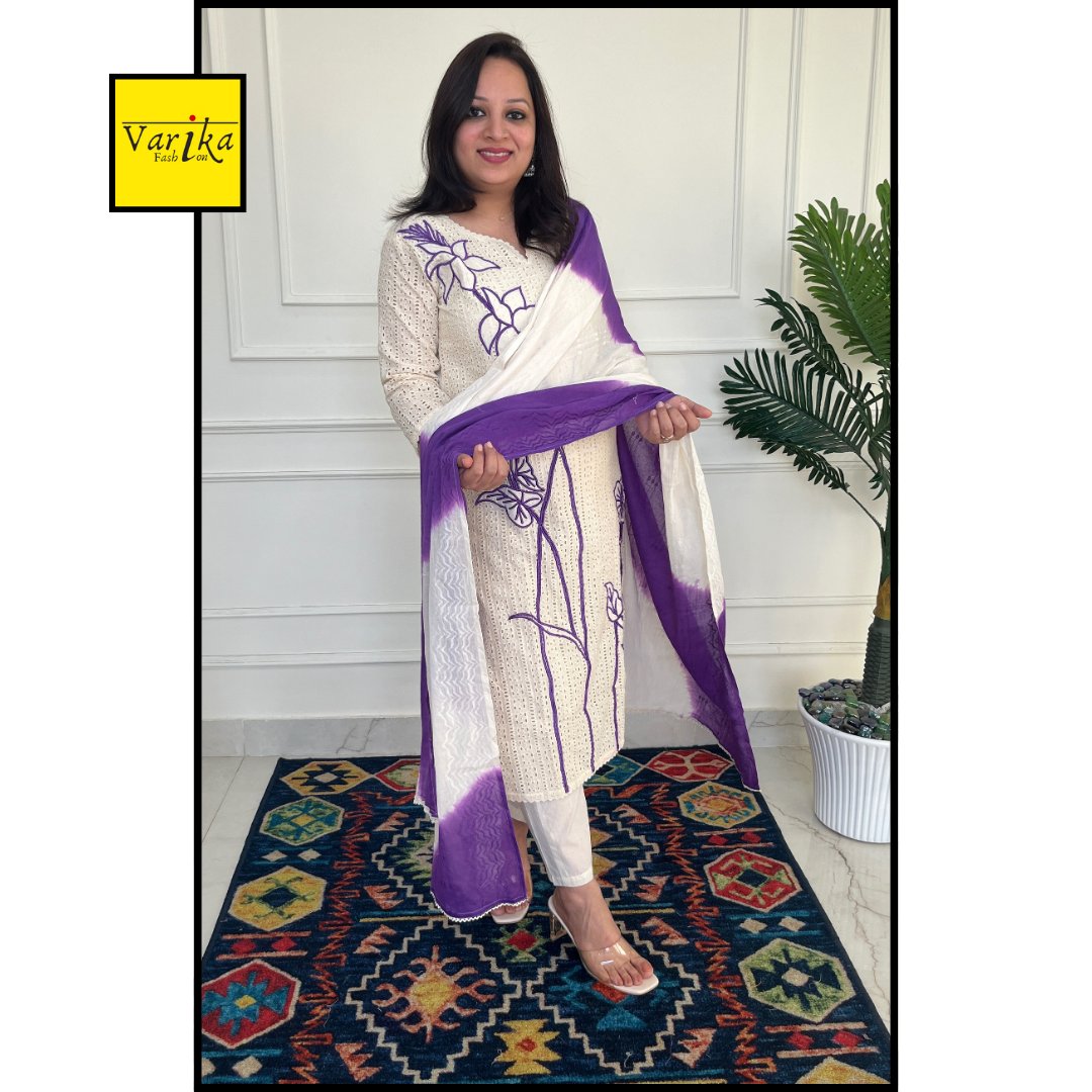 Samaya Pure Cotton Hakoba Applique Work Suit Set - Purple Colour