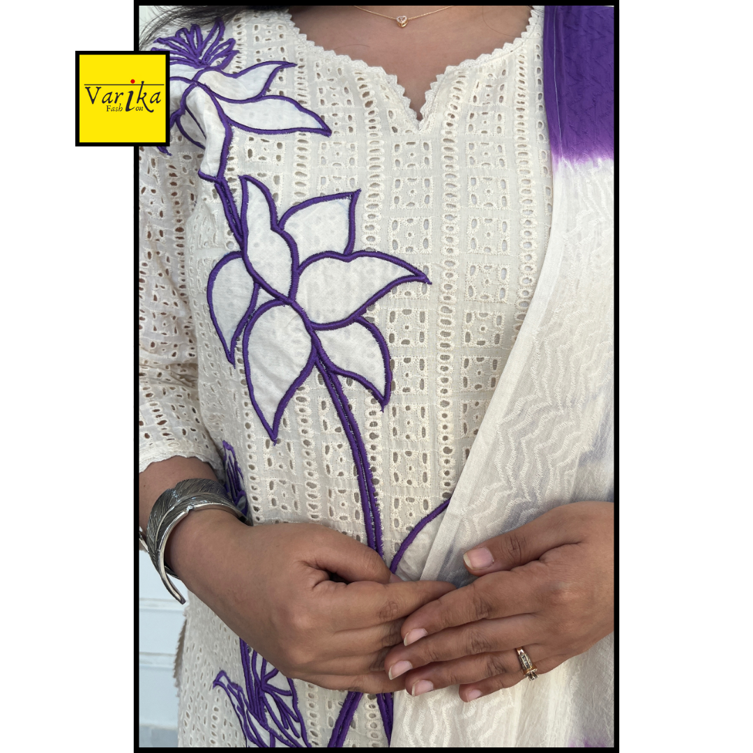 Samaya Pure Cotton Hakoba Applique Work Suit Set - Purple Colour