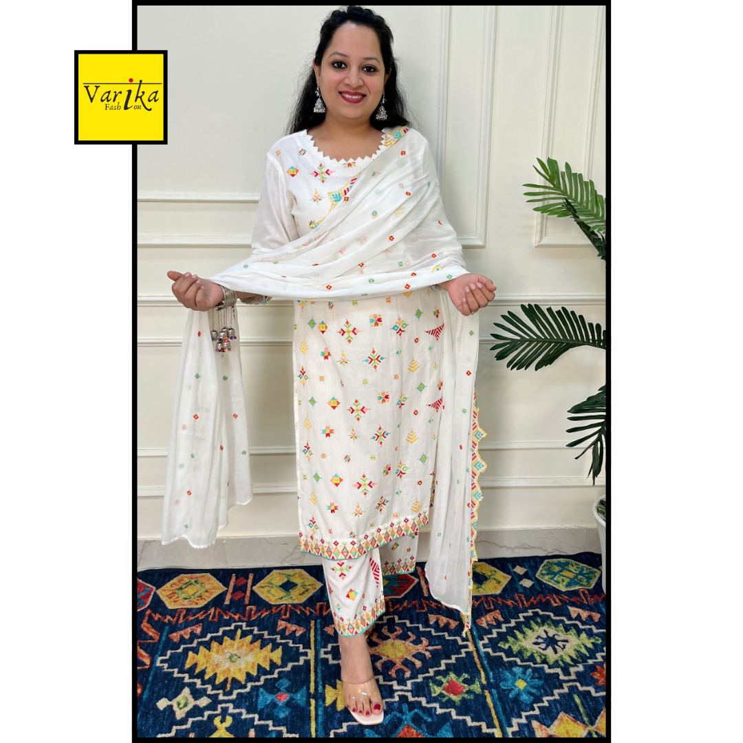Cotton Flex Embroidered 3 Piece Suit with Embroidered Dupatta White colour