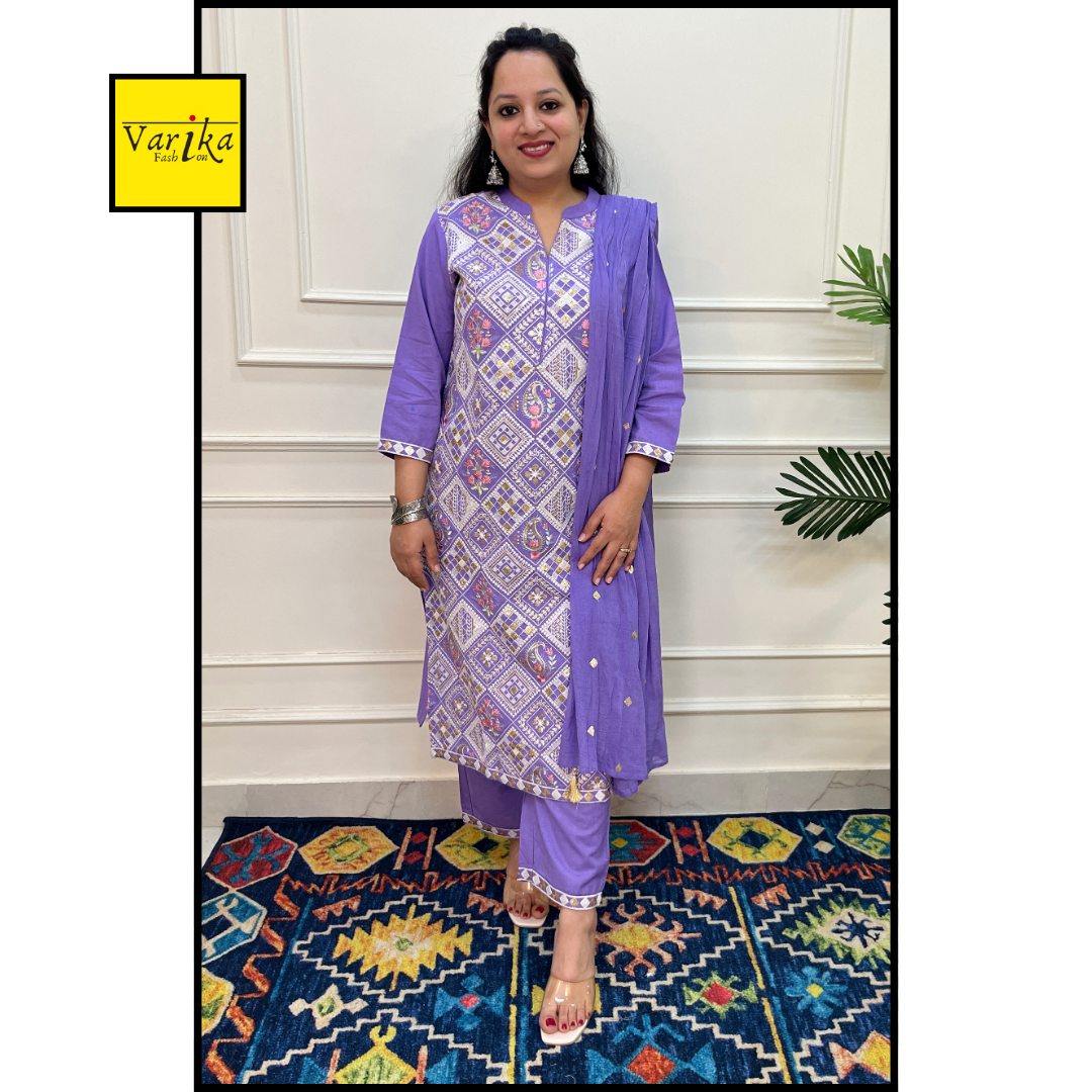 Cotton Flex Fully Embroidered 3 Piece Suit with Mul Dupatta Lavender Colour