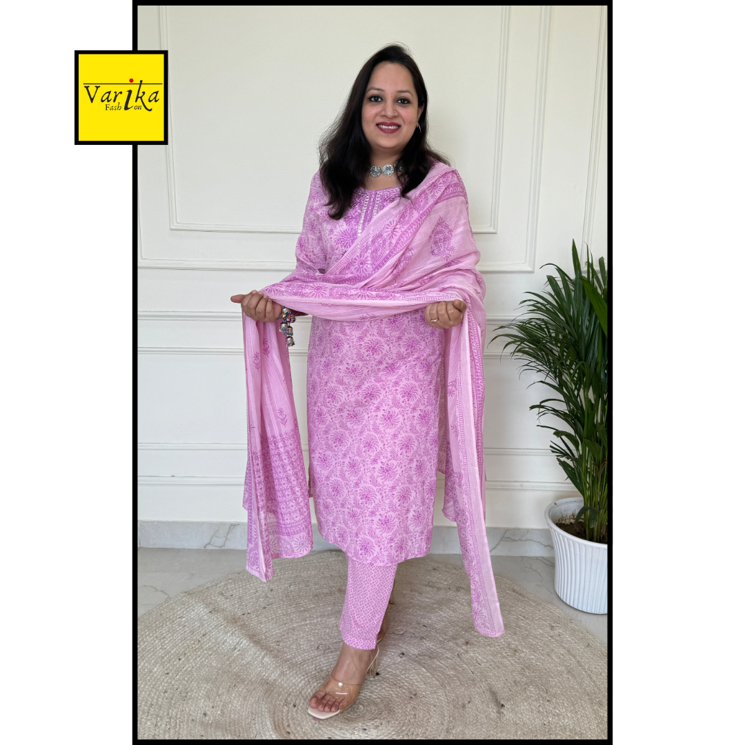 Subtle Self Thread Embroidered Block Print Suit Set-Pink Colour