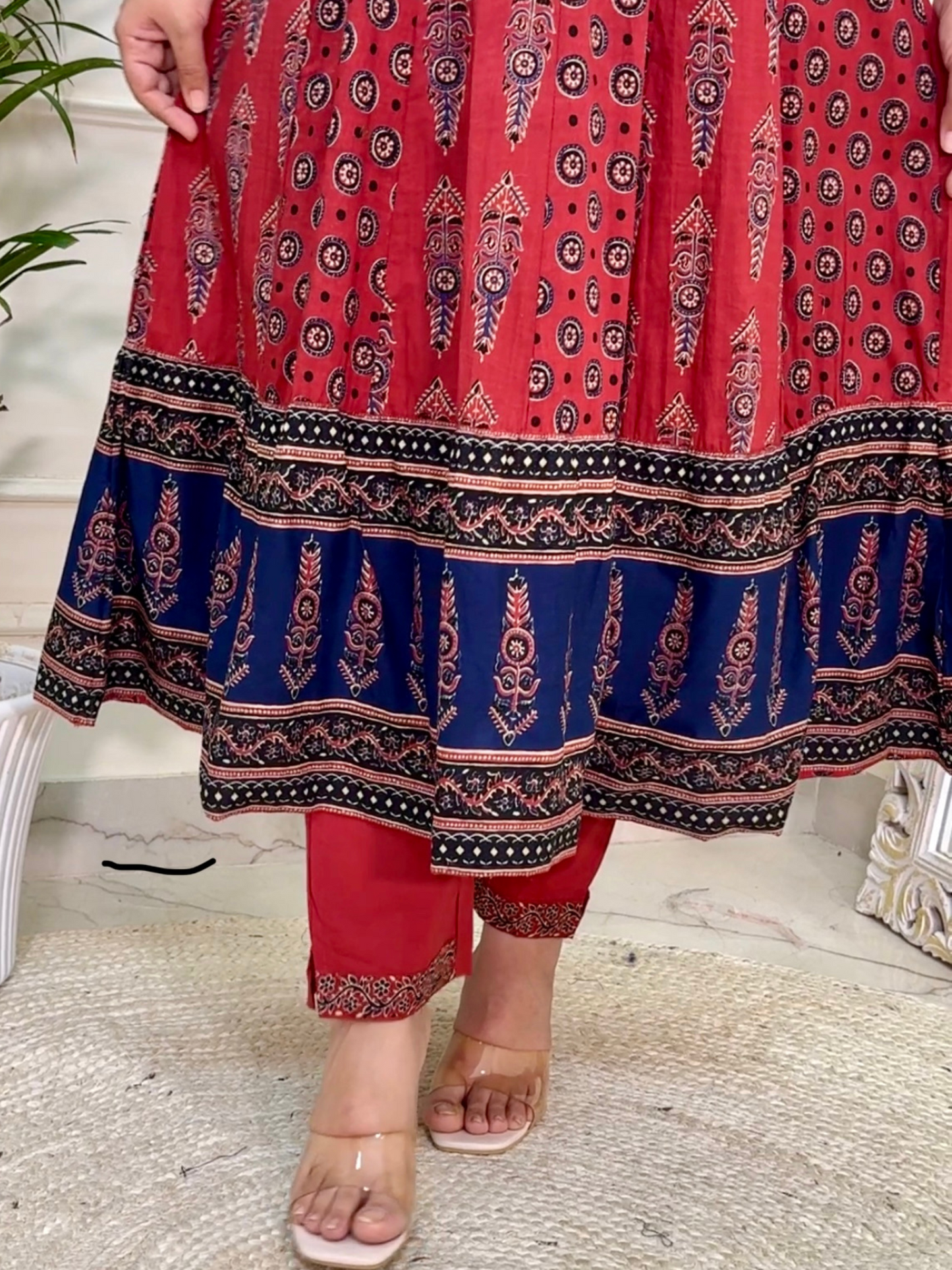Ajrakh Anarkali Suit set-Red Colour