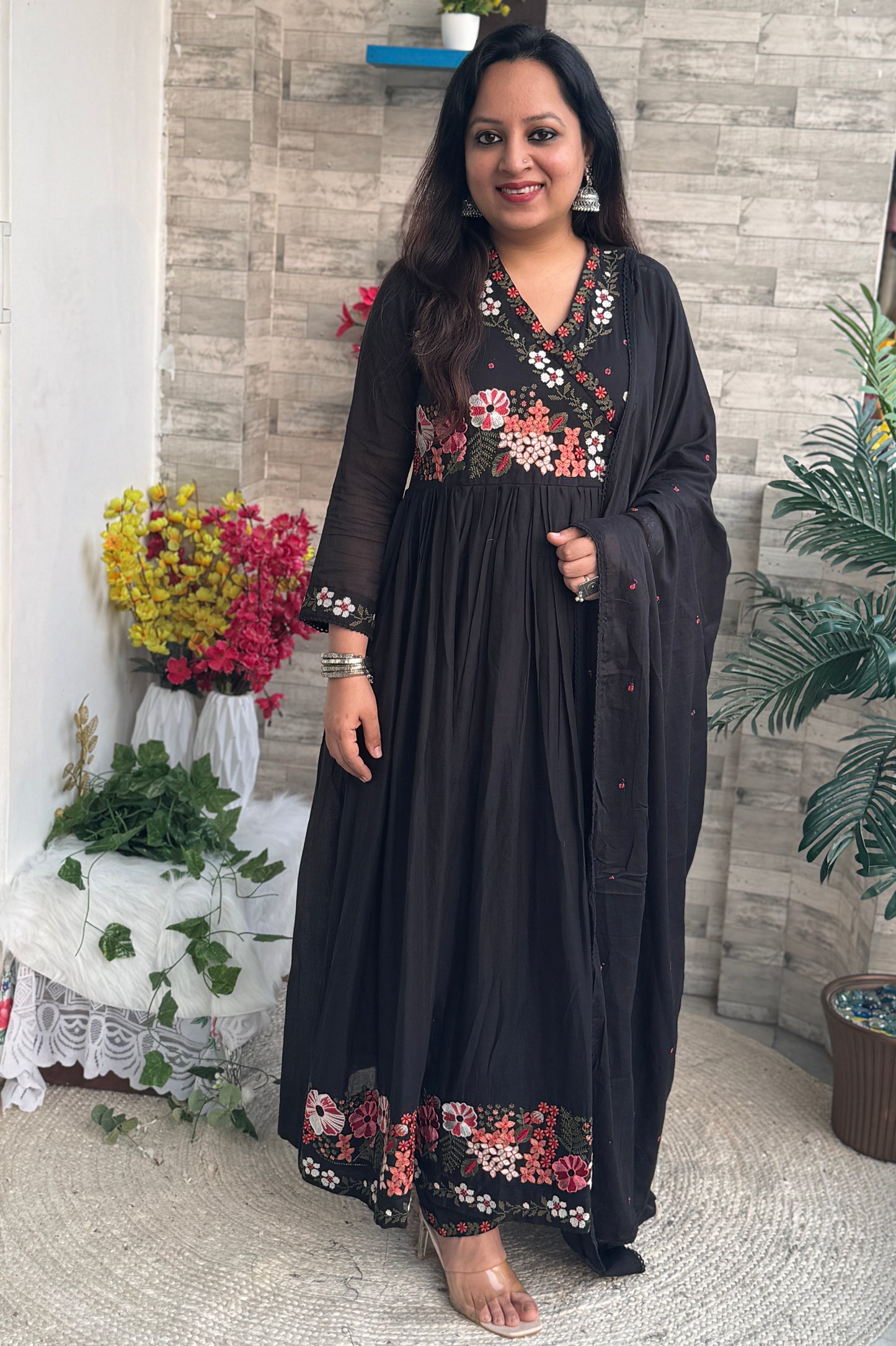 Aaina Mul Anarkali Suit set- Black Colour