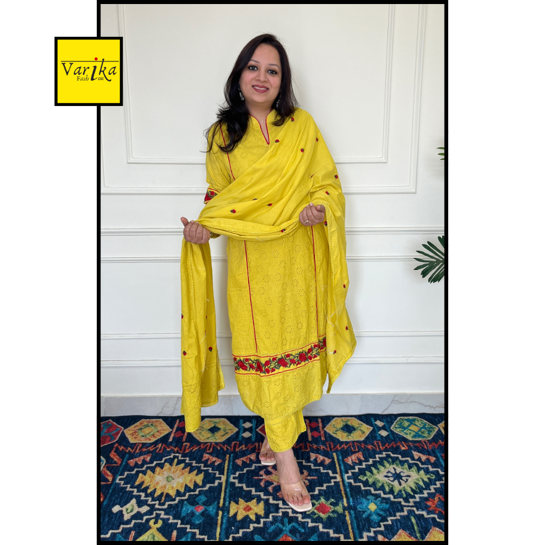 Pure Cotton Pleated Fabric 3 pc Suit Set with Floral Thread Embroidery on the Kurta and Dupatta- Yellow