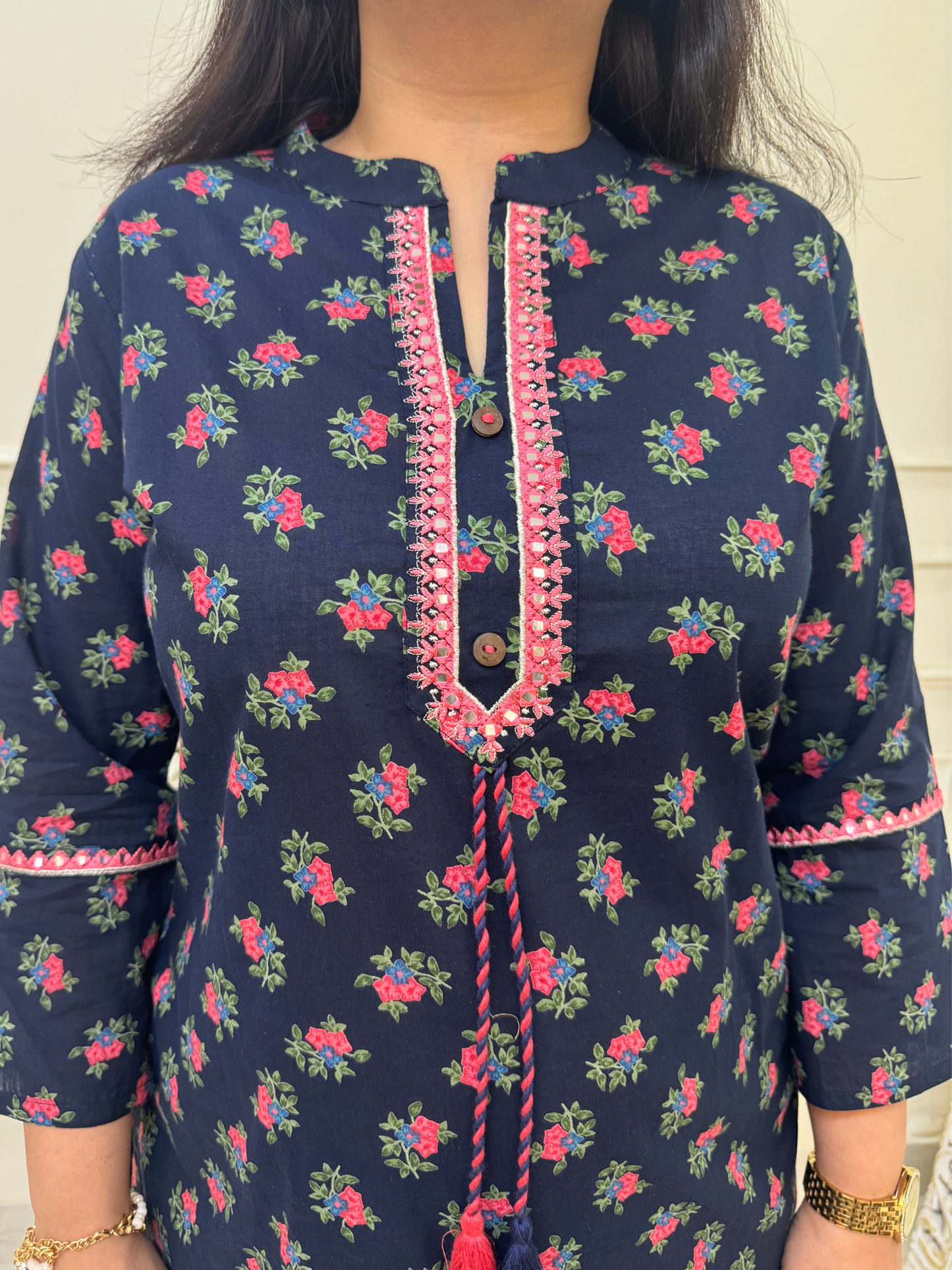 Navy Blue Floral Print Short Kurti for Jeans