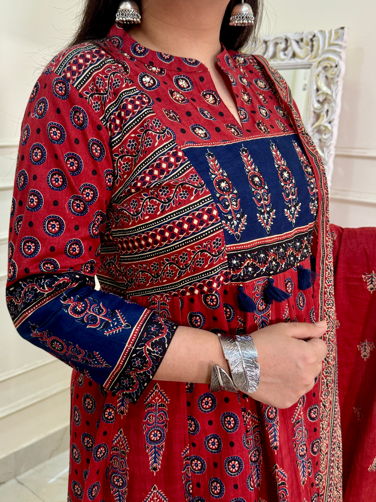 Ajrakh Anarkali Suit set-Red Colour
