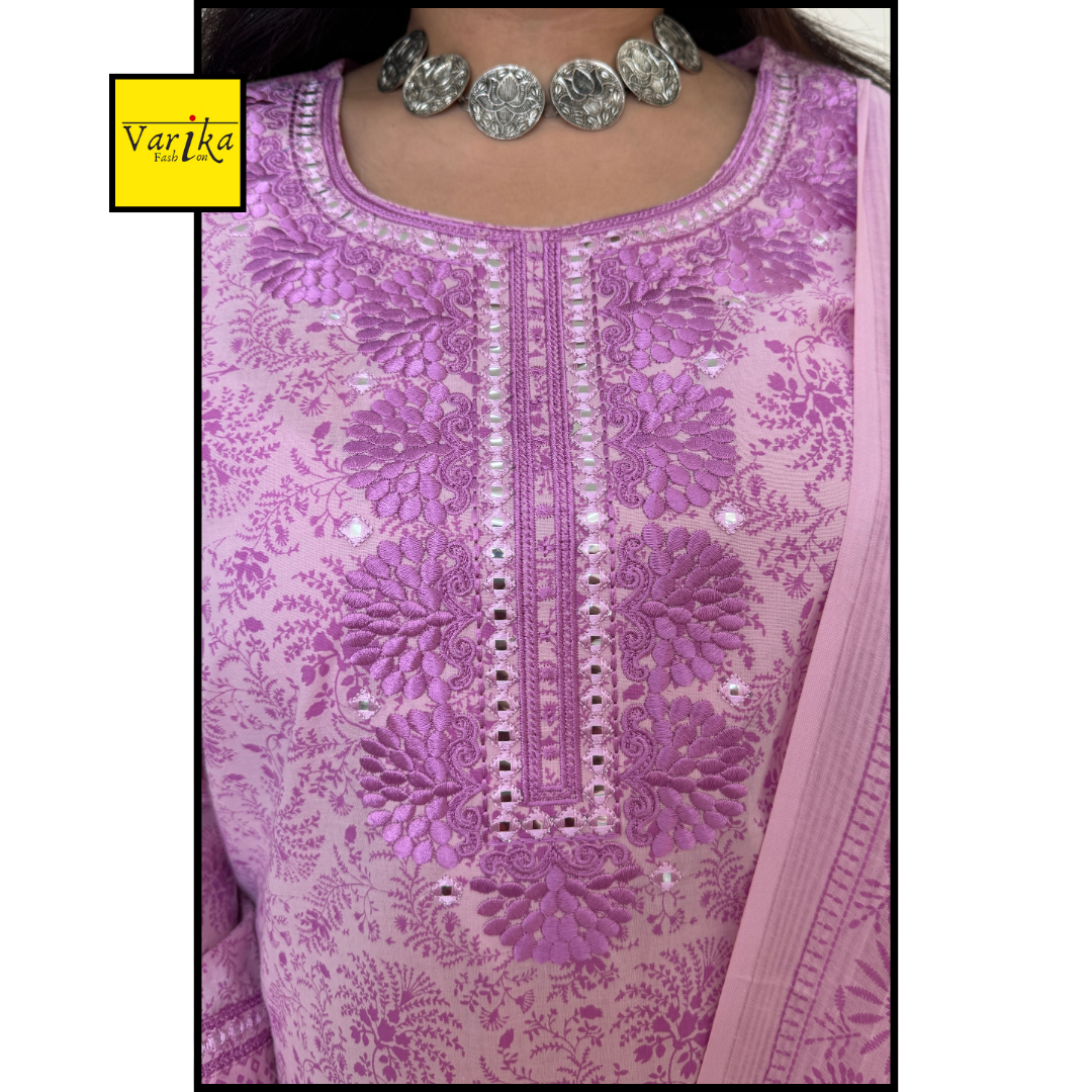 Subtle Self Thread Embroidered Block Print Suit Set-Pink Colour