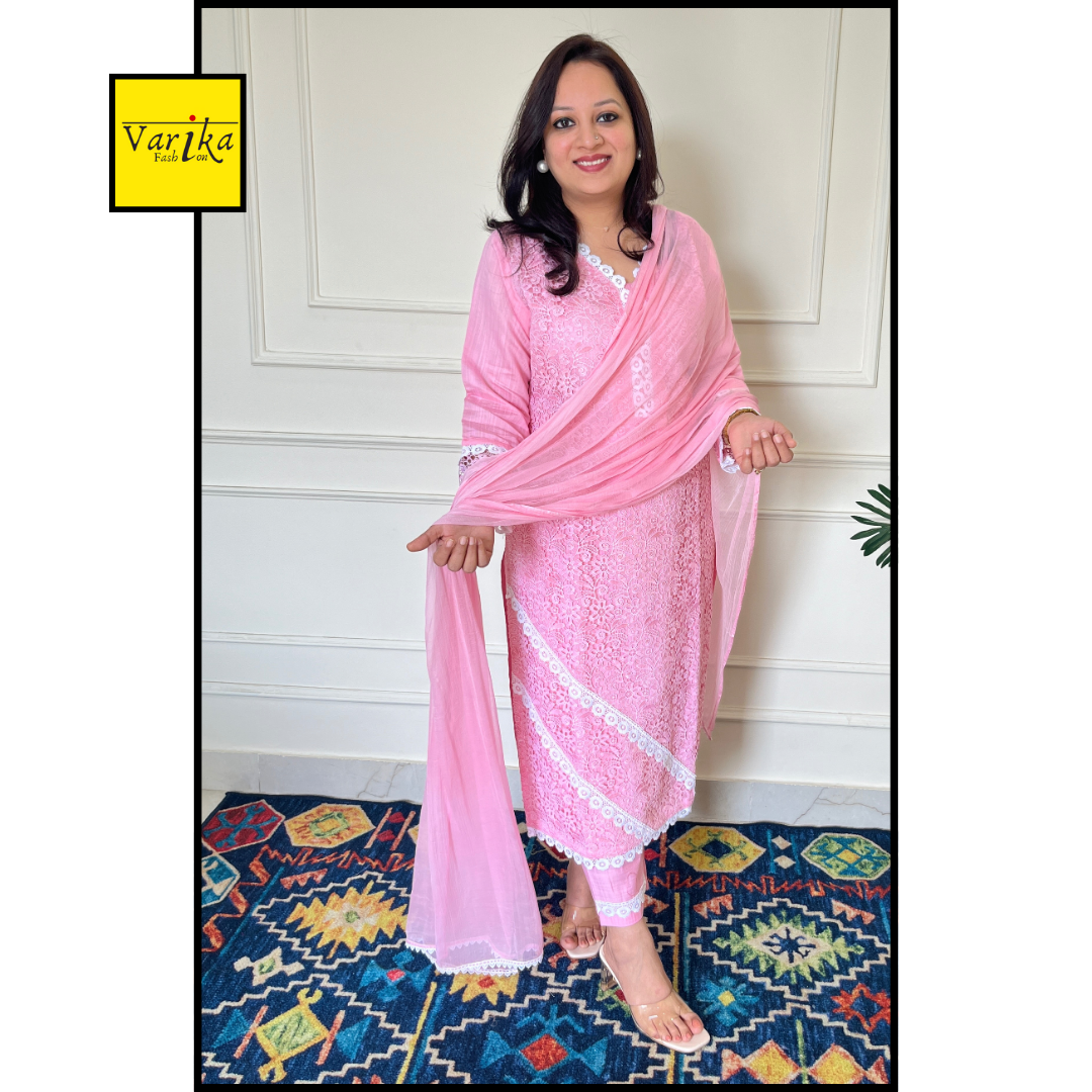 Cotton Silk Lace Work 3 Piece Suit with Chiffon Dupatta Pink Colour