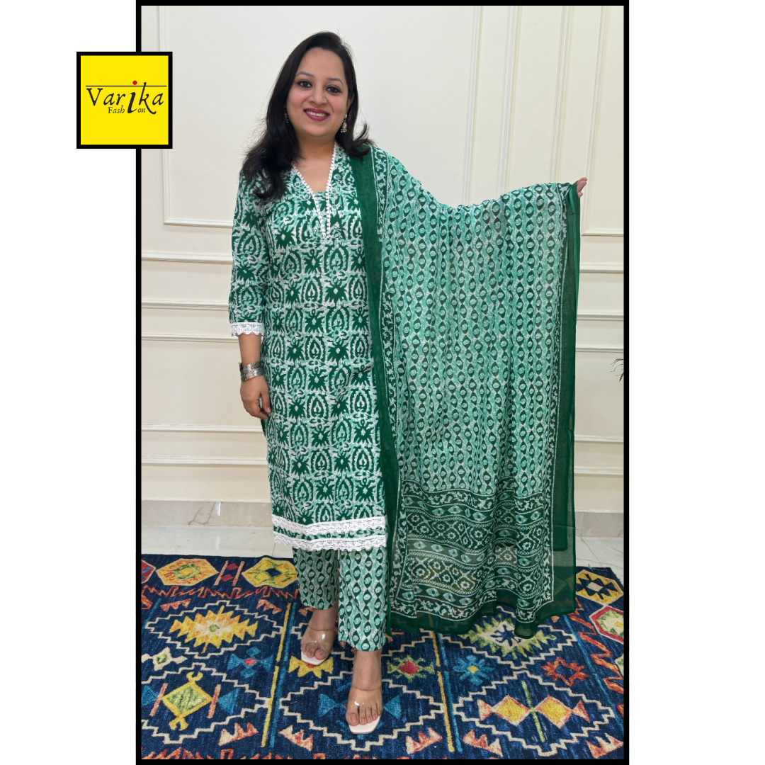 Baatik Print Crochia Lace Straight Fit Suit set-Cream and Dark Green Colour