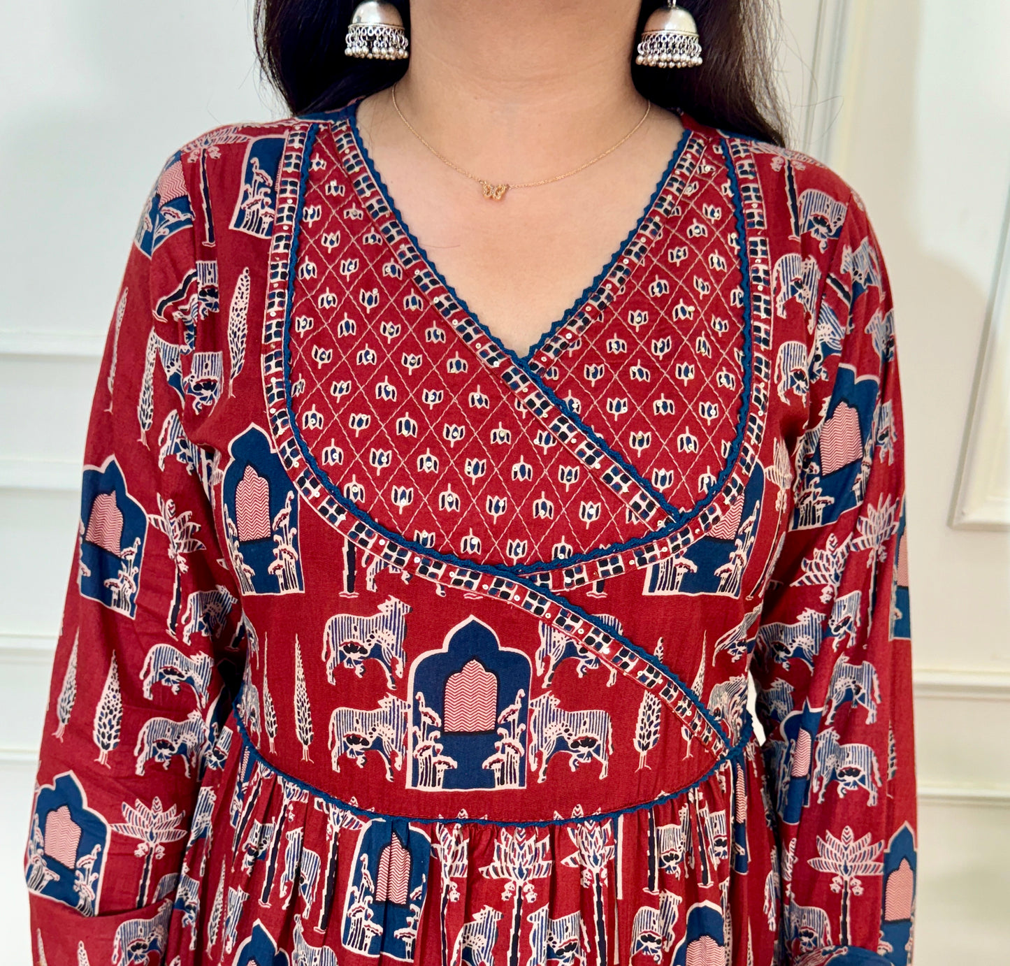 Kaara Ajrakh Layered Anarkali Suit set-Red Colour