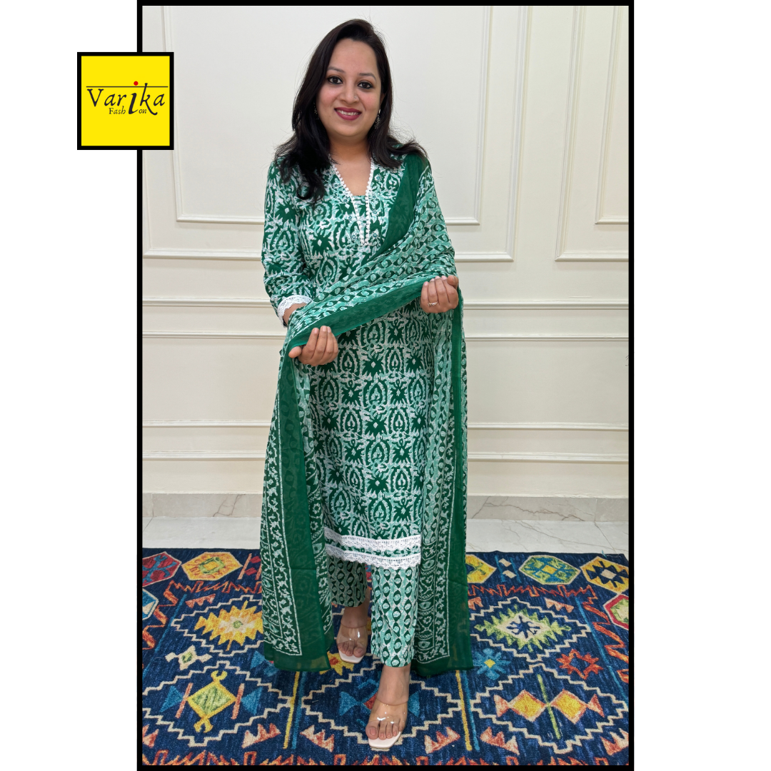 Baatik Print Crochia Lace Straight Fit Suit set-Cream and Dark Green Colour