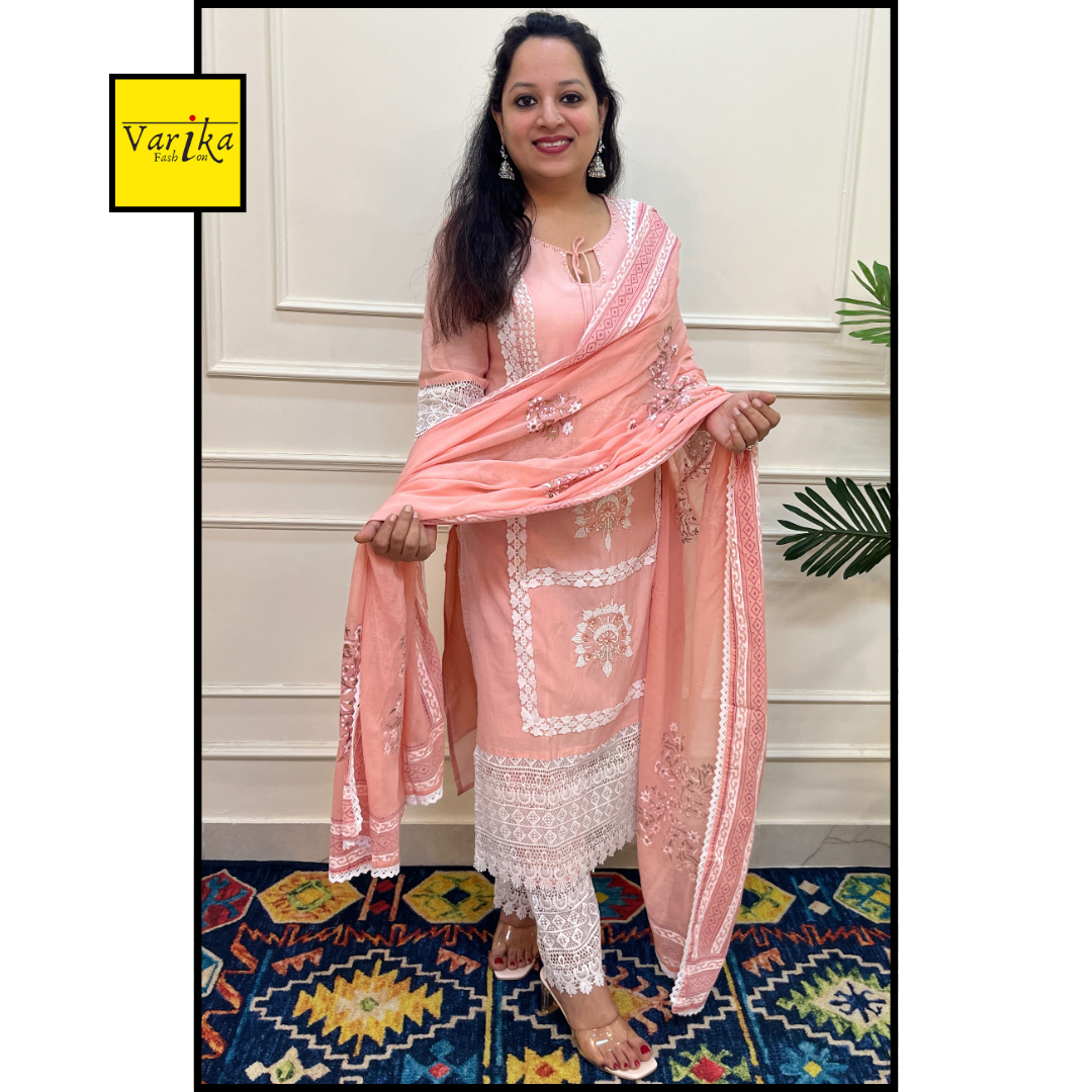 Mul Cotton Hand Embroidered 3 Piece Suit with Mul Dupatta Peach Colour