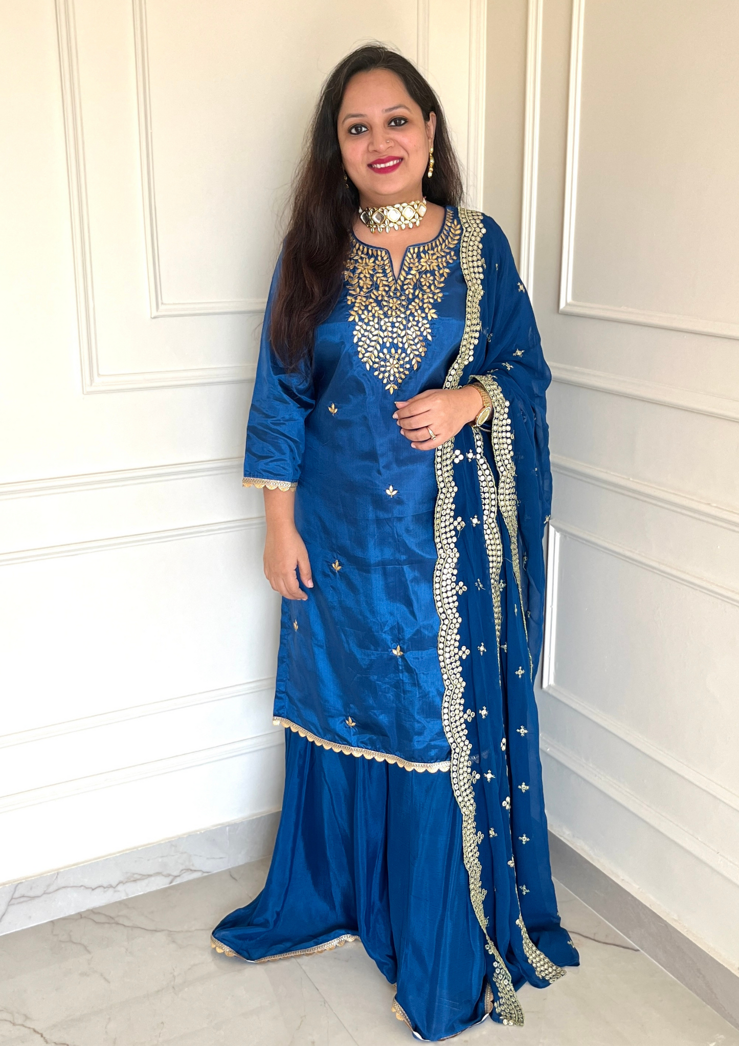 Hand Embroidered Gota Work Sharara Suit Teal Colour