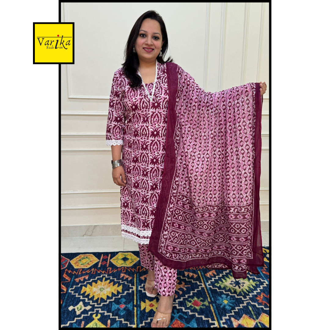Baatik Print Crochia Lace Straight Fit Suit set-Cream and Dark Pink Colour