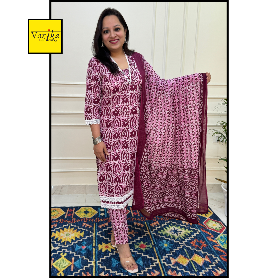 Baatik Print Crochia Lace Straight Fit Suit set-Cream and Dark Pink Colour