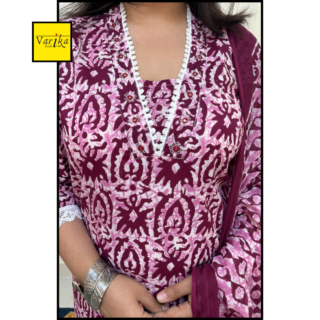 Baatik Print Crochia Lace Straight Fit Suit set-Cream and Dark Pink Colour