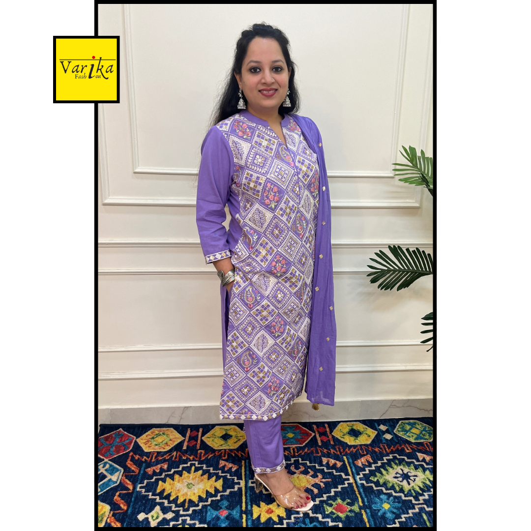 Cotton Flex Fully Embroidered 3 Piece Suit with Mul Dupatta Lavender Colour
