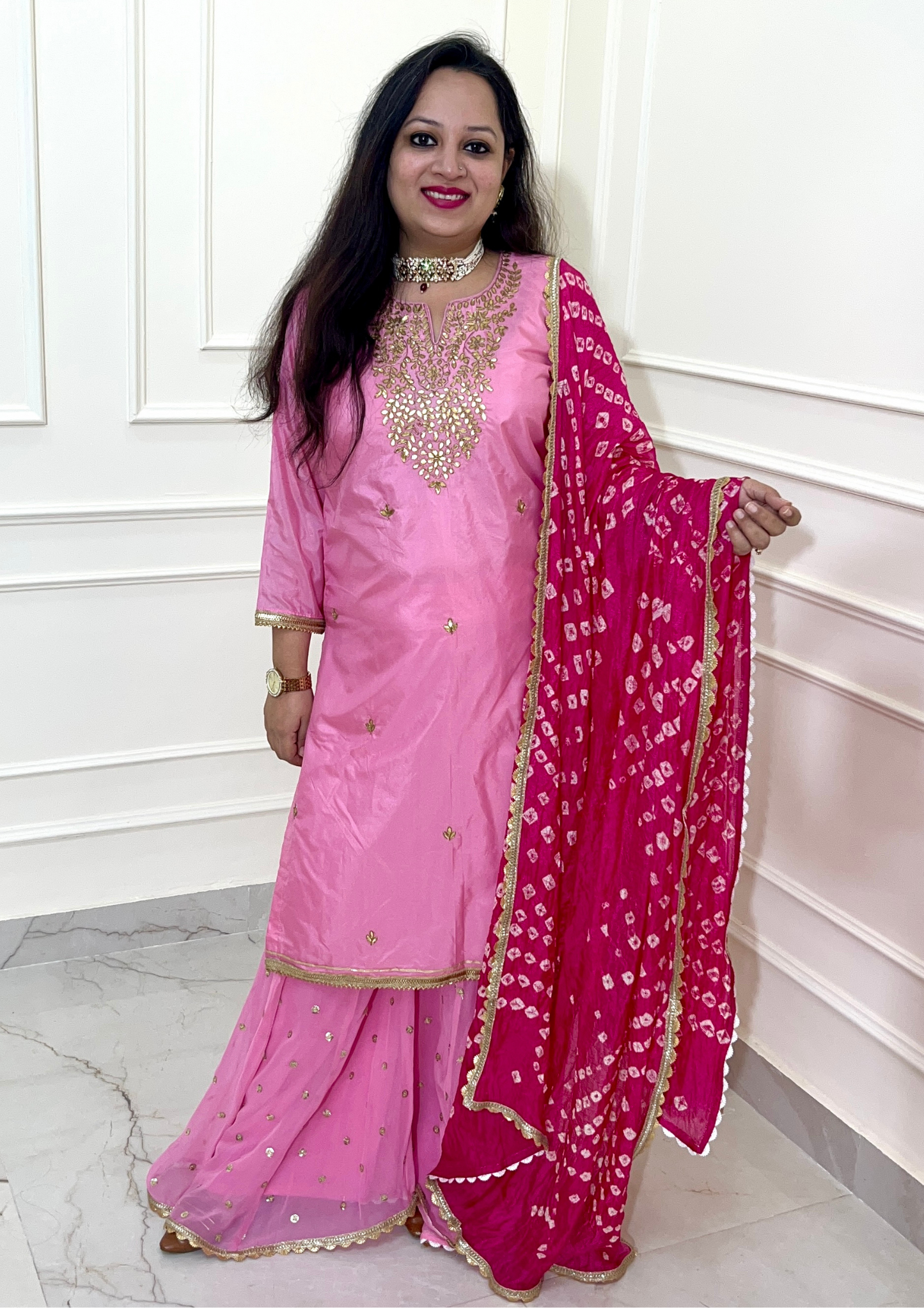 Elegant Hand Embroidered Gota Work Sharara Suit in Baby Pink Colour
