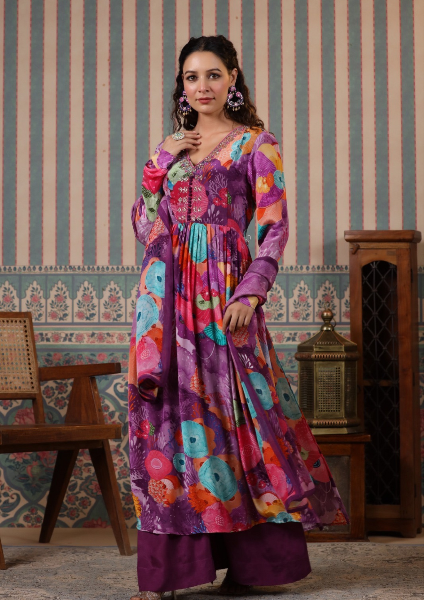 Lavender Floral Front Slit Suit Set in Viscose Organza Fabric