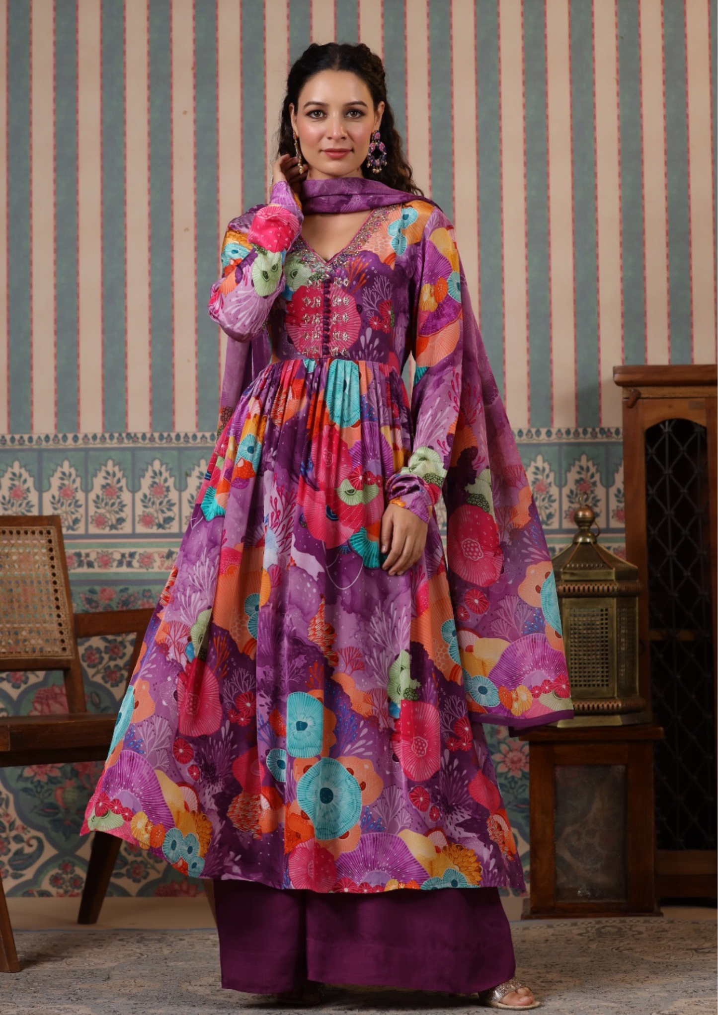 Lavender Floral Front Slit Suit Set in Viscose Organza Fabric