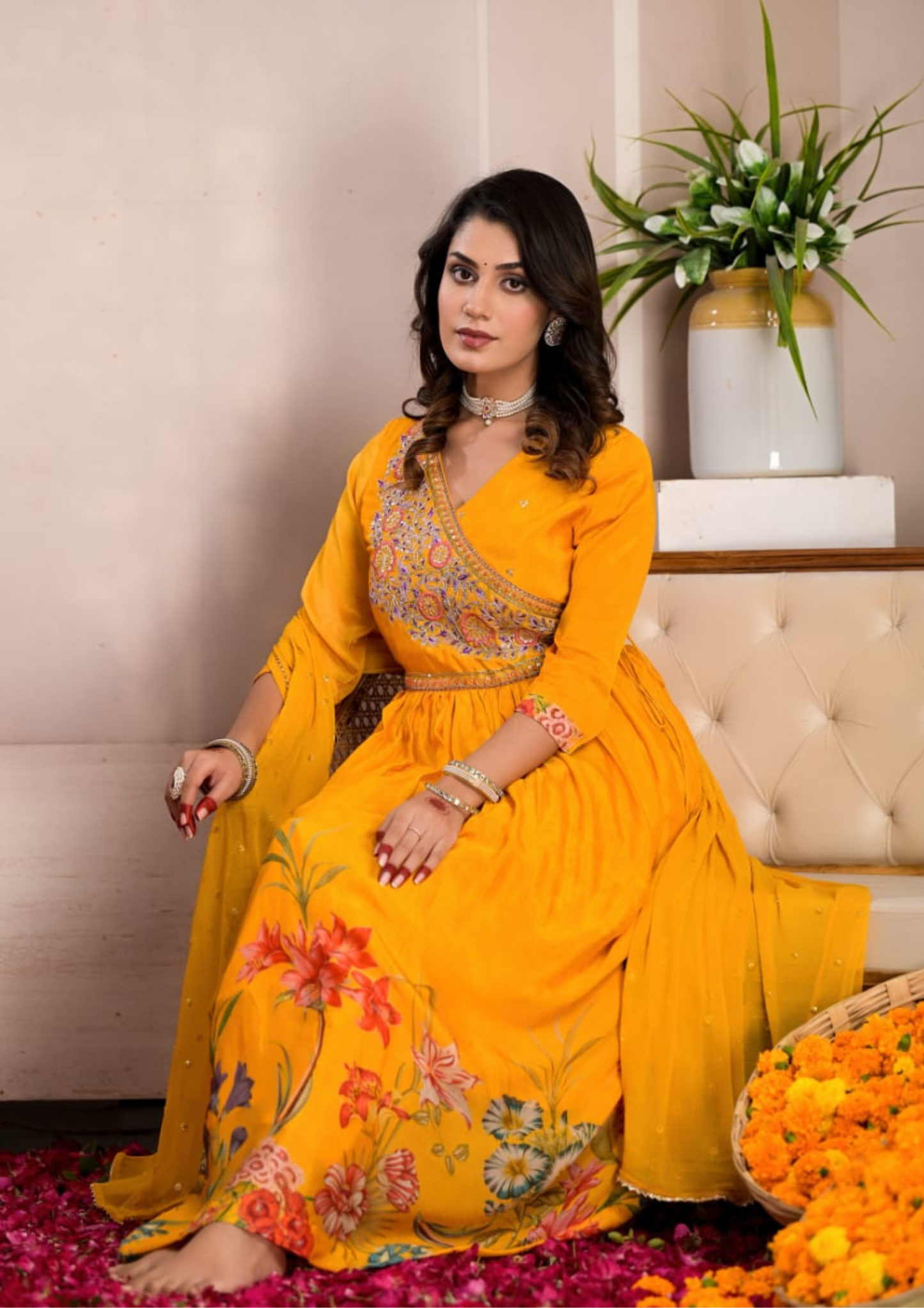 Chinnon Chiffon Yellow Colour Floral Suit Set