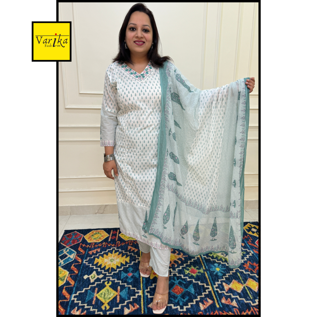 Beading Lace Pure Block Print Suit Set-White and green