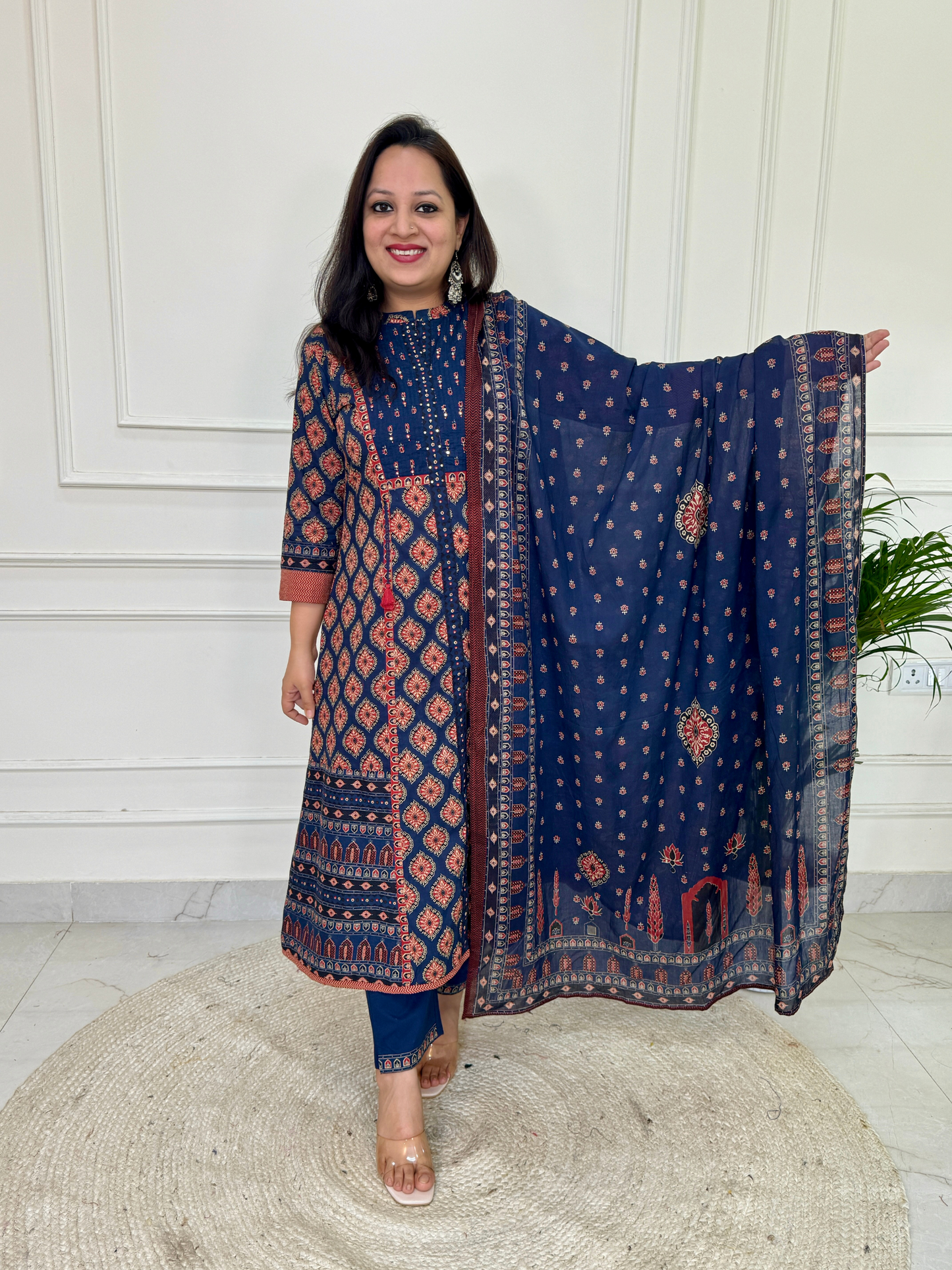 Ajrakh A line Suit set-Navy Blue Colour