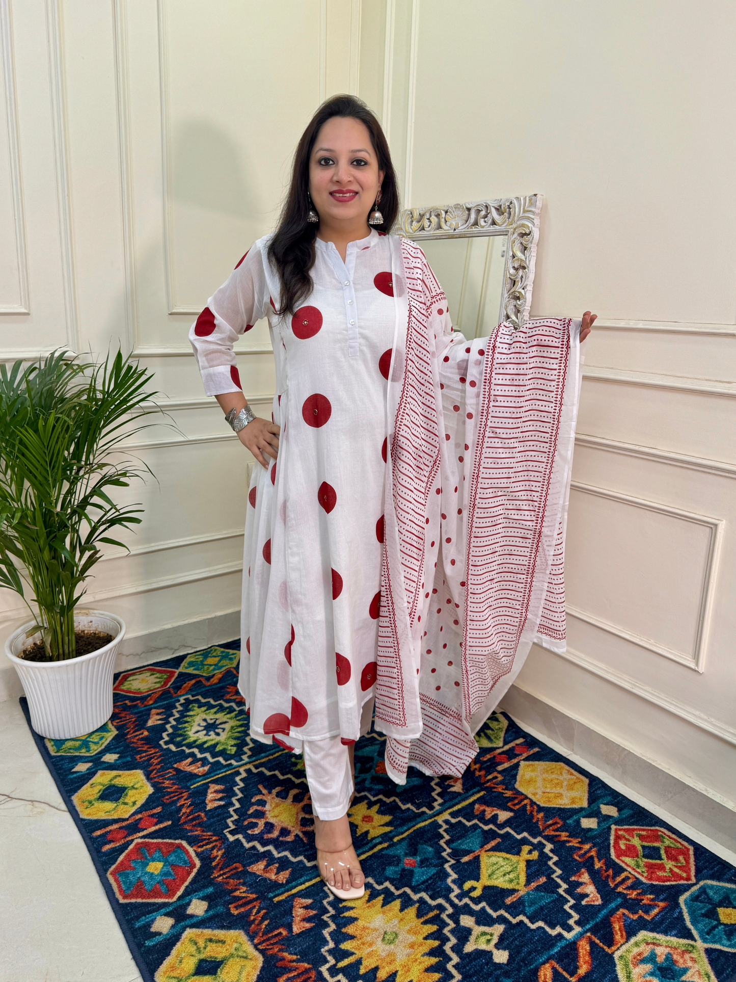 Premium Mul Cotton Polka Dot Suit Set-White/Red Colour